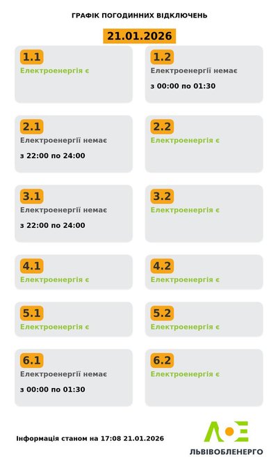 На Львівщині 21 січня будуть діяти графіки погодинного відключення електроенергії На Львівщині 21 січня будуть діяти графіки погодинного відключення електроенергії