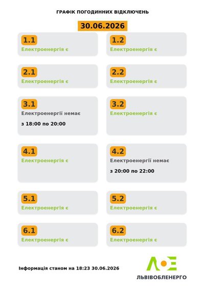 На Львівщині 30 червня будуть діяти графіки погодинного відключення електроенергії На Львівщині 30 червня будуть діяти графіки погодинного відключення електроенергії