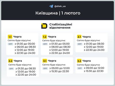 У Київській області світло вимикають за графіком: коли не буде послуги 1 лютого У Київській області світло вимикають за графіком: коли не буде послуги 1 лютого