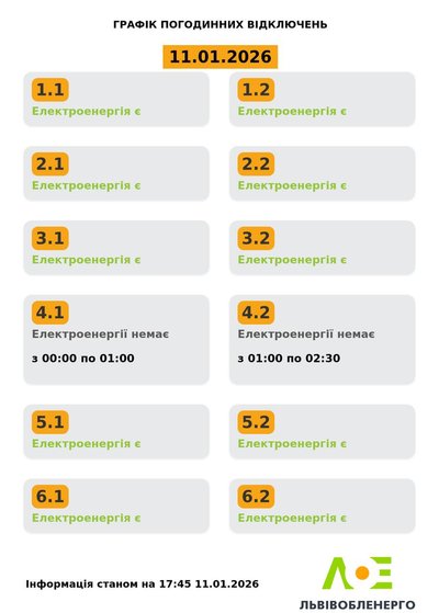 На Львівщині 11 січня будуть діяти графіки погодинного відключення електроенергії На Львівщині 11 січня будуть діяти графіки погодинного відключення електроенергії