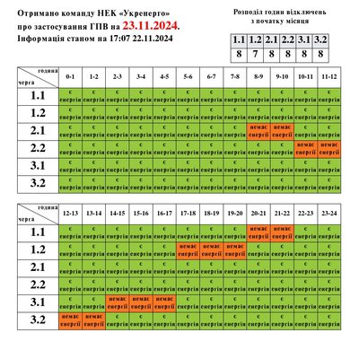 "Львівобленерго" оприлюднило графіки відключень на 23 листопада "Львівобленерго" оприлюднило графіки відключень на 23 листопада