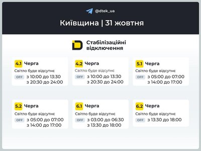 Графіки відключень електроенергії в Київській області на 31 жовтня