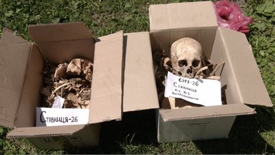 Знахідки археологів, зокрема жіночий череп, що лежить у коробці Знахідки археологів, зокрема жіночий череп, що лежить у коробці