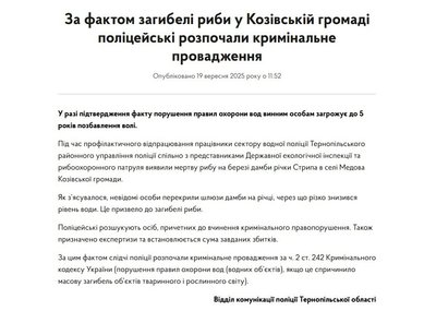 Загибель риби, річка Стрипа, поліція розслідує, Тернопільщина, вересень 2025 Загибель риби, річка Стрипа, поліція розслідує, Тернопільщина, вересень 2025