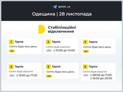 ДТЕК оприлюднив графіки відключень світла на Одещині 28 листопада ДТЕК оприлюднив графіки відключень світла на Одещині 28 листопада