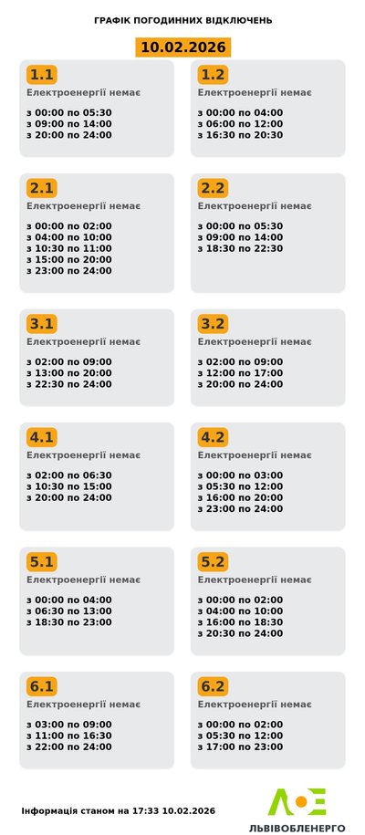 На Львівщині 10 лютого будуть діяти графіки погодинного відключення електроенергії На Львівщині 10 лютого будуть діяти графіки погодинного відключення електроенергії