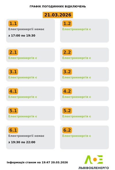 На Львівщині 21 березня запровадили графіки погодинного відключення електроенергії На Львівщині 21 березня запровадили графіки погодинного відключення електроенергії