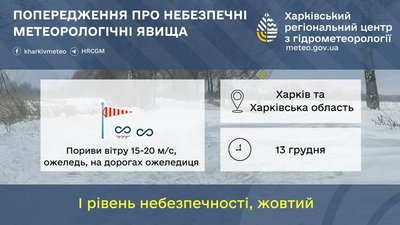 Попередження про I рівень небезпечності на Харківщині через ожеледицю, пориви вітру та ожеледь 13 грудня 2025 року Попередження про I рівень небезпечності на Харківщині через ожеледицю, пориви вітру та ожеледь 13 грудня 2025 року