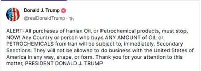 Трамп погрожує вторинними санкціями за закупівлю іранської нафти Трамп погрожує вторинними санкціями за закупівлю іранської нафти
