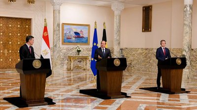Президент Єгипту, Педро Санчес, Александр де Кроо, пресконференція, Палестина Президент Єгипту, Педро Санчес, Александр де Кроо, пресконференція, Палестина