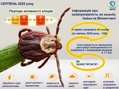 На Вінниччині у серпні у 63 людей підтвердили хворобу Лайма На Вінниччині у серпні у 63 людей підтвердили хворобу Лайма