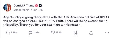 Трамп пригрозив додатковими митами країнам, що підтримують БРІКС Трамп пригрозив додатковими митами країнам, що підтримують БРІКС