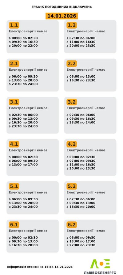 На Львівщині 14 січня будуть діяти графіки відключення електроенергії На Львівщині 14 січня будуть діяти графіки відключення електроенергії