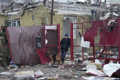 Собака К'яра і чоловік на місці влучання в Харкові Собака К'яра і чоловік на місці влучання в Харкові
