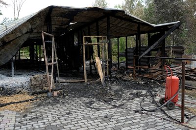 Згоріла стайня в екопарку під Харковом внаслідок удару російського дрона Згоріла стайня в екопарку під Харковом внаслідок удару російського дрона