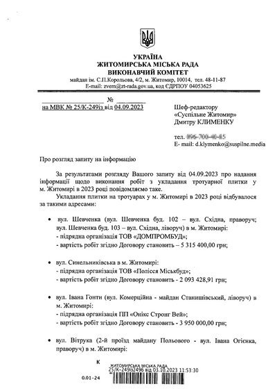 52 мільйони на ремонти: де і на які суми у Житомирі перекладають плитку — запит Суспільного 52 мільйони на ремонти: де і на які суми у Житомирі перекладають плитку — запит Суспільного