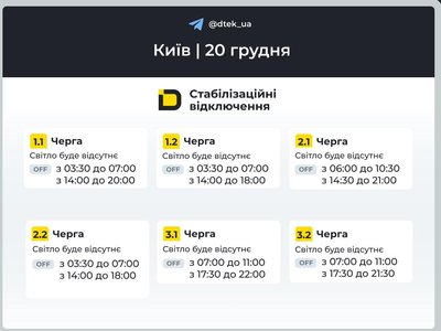 У Києві та області оновилися графіки відключень електрики на 20 грудня У Києві та області оновилися графіки відключень електрики на 20 грудня