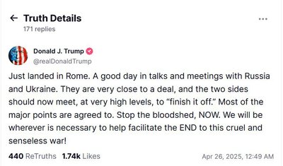 Трамп заявив, що у Римі можуть пройти переговори з Україною та Росією