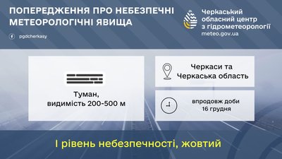 Перший рівень небезпечності : на Черкащині через туман оголосили "жовте" попередження Перший рівень небезпечності : на Черкащині через туман оголосили "жовте" попередження