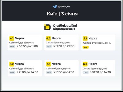Грфіки відключень на 3 січня: коли буде світло в Києві та в області Грфіки відключень на 3 січня: коли буде світло в Києві та в області