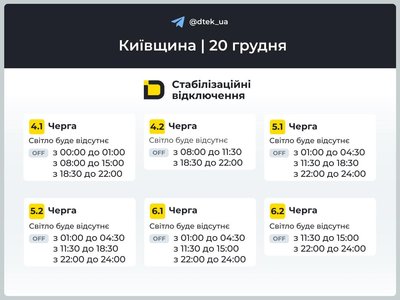 У Києві та області оновилися графіки відключень електрики на 20 грудня У Києві та області оновилися графіки відключень електрики на 20 грудня