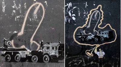Стінопис Бенксі на Великій Житомирській у Києві "доповнили" невідомі Стінопис Бенксі на Великій Житомирській у Києві "доповнили" невідомі