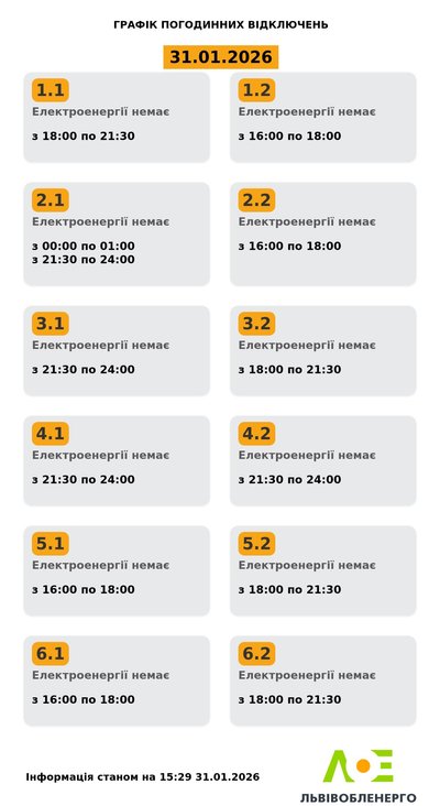 На Львівщині 31 січня будуть діяти графіки погодинного відключення електроенергії На Львівщині 31 січня будуть діяти графіки погодинного відключення електроенергії