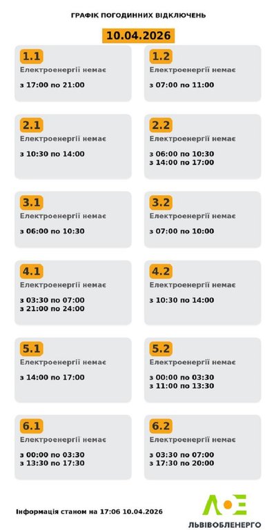 На Львівщині 10 квітня будуть діяти графіки погодинного відключення електроенергії На Львівщині 10 квітня будуть діяти графіки погодинного відключення електроенергії