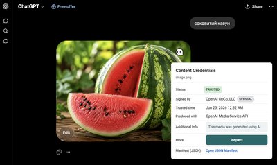 Ілюстративне зображення - згенероване зображення кавуна у продукті ChatGPT від OpenAI, що містить C2PA-підпис Ілюстративне зображення - згенероване зображення кавуна у продукті ChatGPT від OpenAI, що містить C2PA-підпис