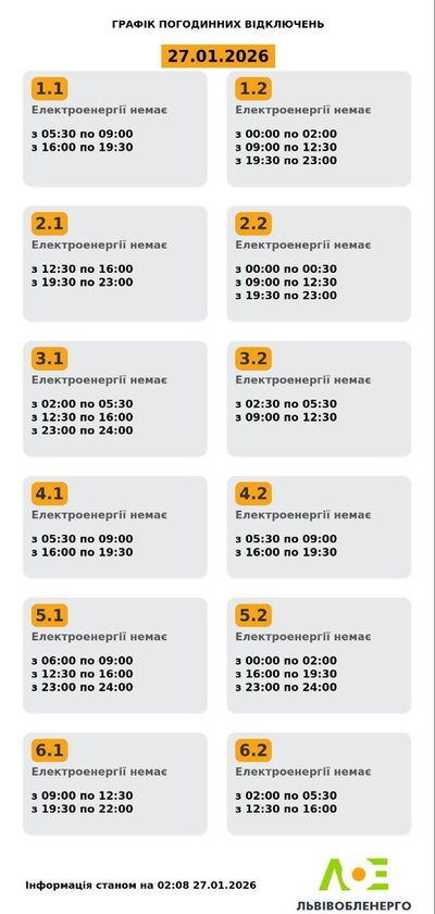 На Львівщині 27 січня будуть діяти графіки погодинного відключення електроенергії На Львівщині 27 січня будуть діяти графіки погодинного відключення електроенергії