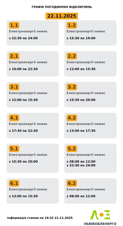 На Львівщині 22 листопада будуть діяти погодинні відключення електроенергії: графіки На Львівщині 22 листопада будуть діяти погодинні відключення електроенергії: графіки