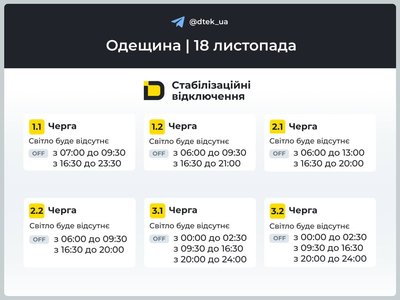 На Одещині 18 листопада діятимуть стабілізаційні відключення: графік На Одещині 18 листопада діятимуть стабілізаційні відключення: графік