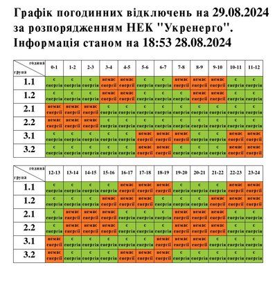 Графік відключення електроенергії на Львівщині 29 серпня Графік відключення електроенергії на Львівщині 29 серпня