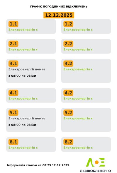 На Львівщині 12 грудня будуть діяти графіки відключення електроенергії На Львівщині 12 грудня будуть діяти графіки відключення електроенергії