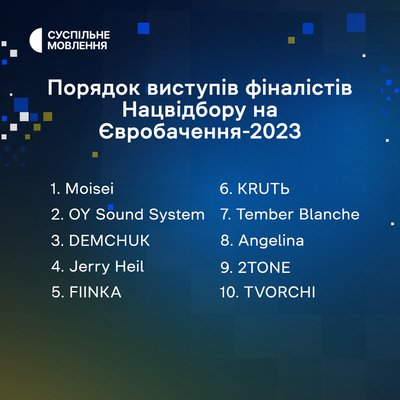 Порядок виступу фіналістів Нацвідбору "Євробачення-2023" Порядок виступу фіналістів Нацвідбору "Євробачення-2023"