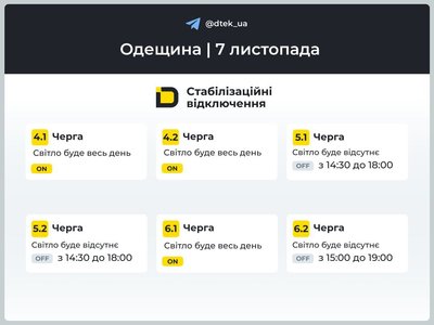 В Одесі та області 7 листопада діятимуть стабілізаційні відключення світла: графіки В Одесі та області 7 листопада діятимуть стабілізаційні відключення світла: графіки