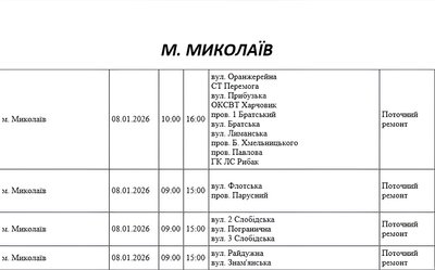 Графік відключення світла по адресах 7 січня, Миколаїв