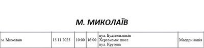 Графік відключення світла по адресах 15 листопада, Миколаїв Графік відключення світла по адресах 15 листопада, Миколаїв