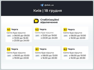 Відключення електрики в Києві та області: графіки на 18 грудня Відключення електрики в Києві та області: графіки на 18 грудня