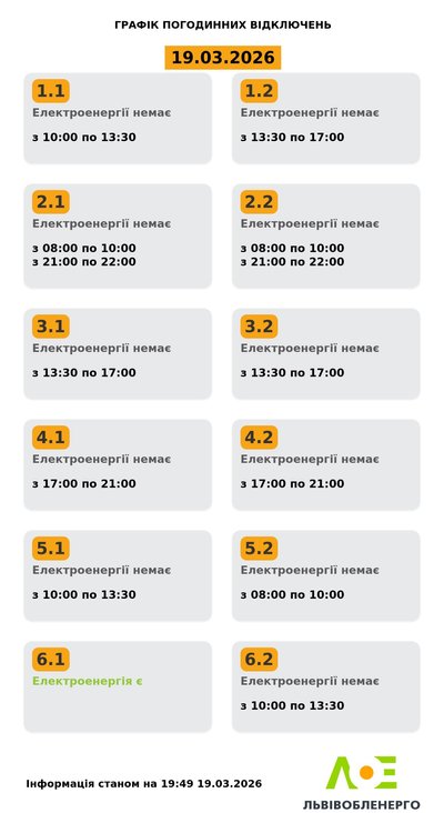 На Львівщині 19 березня будуть діяти графіки погодинного відключення електроенергії На Львівщині 19 березня будуть діяти графіки погодинного відключення електроенергії