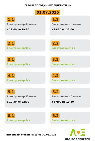 На Львівщині 31 червня будуть діяти графіки погодинного відключення електроенергії На Львівщині 31 червня будуть діяти графіки погодинного відключення електроенергії
