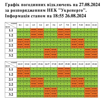 Відключення електроенергії на Львівщині: графіки на 27 серпня Відключення електроенергії на Львівщині: графіки на 27 серпня