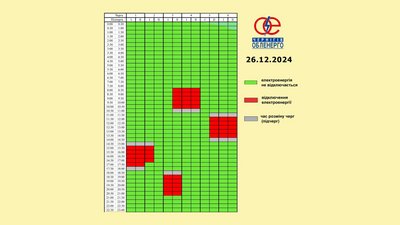 Графік погодинних відключень електроенергії на Чернігівщині на 26 грудня Графік погодинних відключень електроенергії на Чернігівщині на 26 грудня