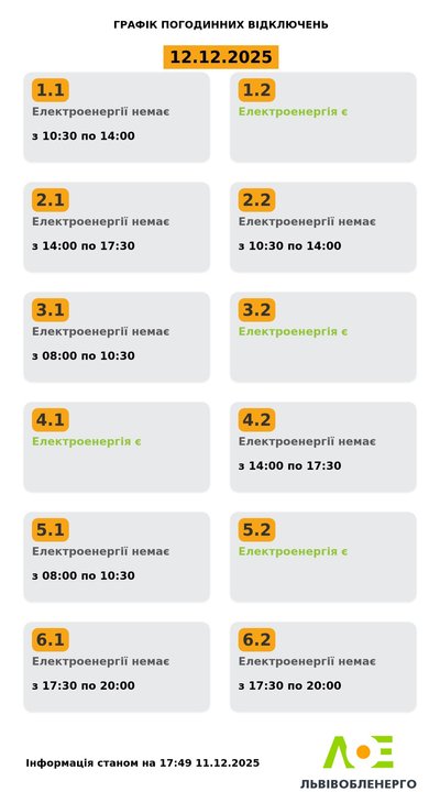 На Львівщині 12 грудня будуть діяти графіки відключення електроенергії На Львівщині 12 грудня будуть діяти графіки відключення електроенергії