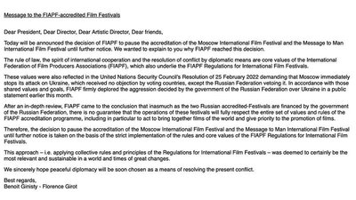 FIAPF позбавила акредитації московський кінофестиваль, президентом якого є Міхалков FIAPF позбавила акредитації московський кінофестиваль, президентом якого є Міхалков