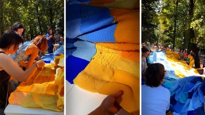Жителі Козятина пришивають фрагменти до прапора в рамках акції "Нитка єднання"