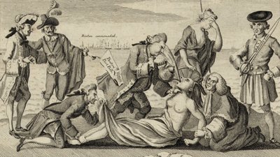 Політична карикатура, що зображає британського прем'єра лорда Норта, який змушує жінку (уособлює американські колонії) пити чай (символізує Нестерпні закони) попри її волю. Політична карикатура, що зображає британського прем'єра лорда Норта, який змушує жінку (уособлює американські колонії) пити чай (символізує Нестерпні закони) попри її волю.