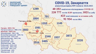 За добу на Закарпатті підтвердили 423 випадки захворювання на коронавірус За добу на Закарпатті підтвердили 423 випадки захворювання на коронавірус