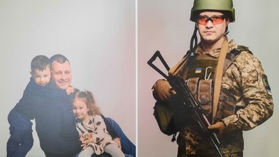 На фото чоловік у цивільному житті з дітьми та у формі на службі На фото чоловік у цивільному житті з дітьми та у формі на службі