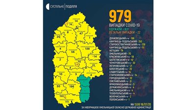 Географічна фіксація поширення COVID-19 на Хмельниччині. Інфографіка: Суспільне Географічна фіксація поширення COVID-19 на Хмельниччині. Інфографіка: Суспільне